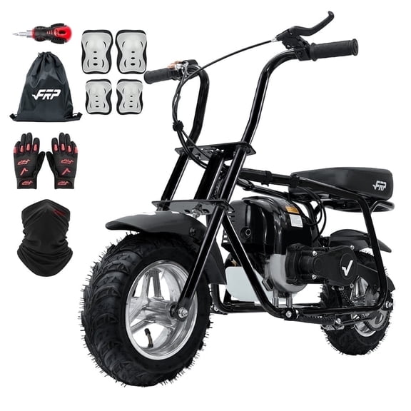 FRP 40cc Mini Bike Gas Powered 4-Stroke Off Road Dirt Bike for Teens, Youth Pocket Bike with Pull Start & Disc Brake, 18 MPH Max Speed (Black) - Includes Gloves, Knee Pads, Elbow Pads & Neck Gaiter