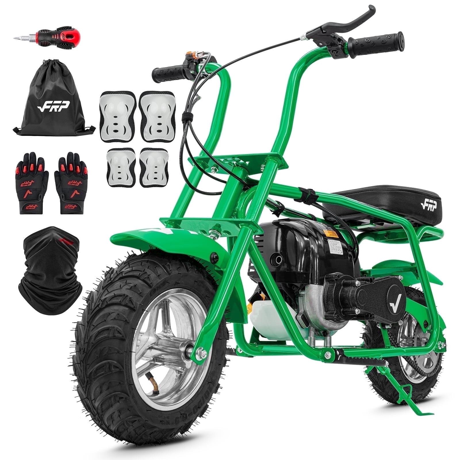 FRP 40cc Mini Bike Gas Powered 4-Stroke Off Road Dirt Bike for Teens, Youth Pocket Bike with Pull Start & Disc Brake, 18 MPH Max Speed (Green) - Includes Gloves, Knee Pads, Elbow Pads & Neck Gaiter