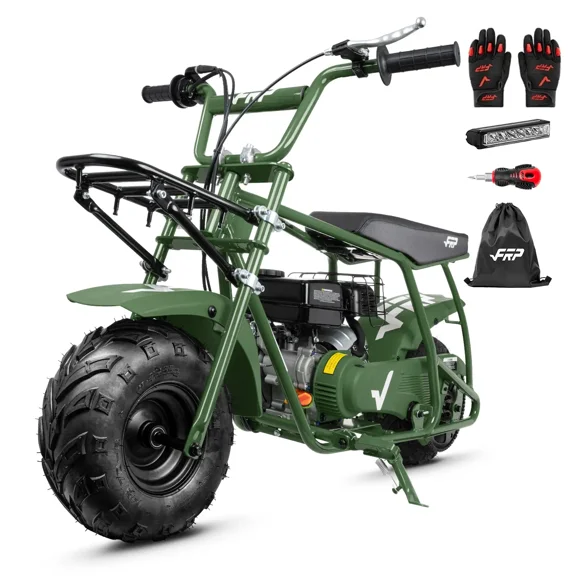 FRP 99cc 4-Stroke Gas Mini Bike with Front Cargo Racks, Pull Start Mini Dirt Bike for Ages 13+, Rear Disc Brake, Up to 28 MPH, 220 lb Capacity, Utility Hauler Style – Green