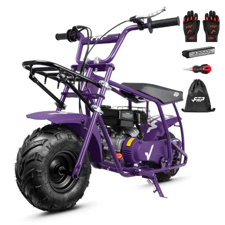 FRP 99cc 4-Stroke Gas Mini Bike with Front Cargo Racks, Pull Start Mini Dirt Bike for Ages 13+, Rear Disc Brake, Up to 28 MPH, 220 lb Capacity, Utility Hauler Style – Purple