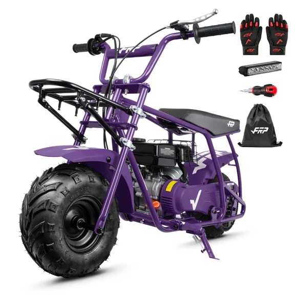 FRP 99cc 4-Stroke Gas Mini Bike with Front Cargo Racks, Pull Start Mini Dirt Bike for Ages 13+, Rear Disc Brake, Up to 28 MPH, 220 lb Capacity, Utility Hauler Style – Purple