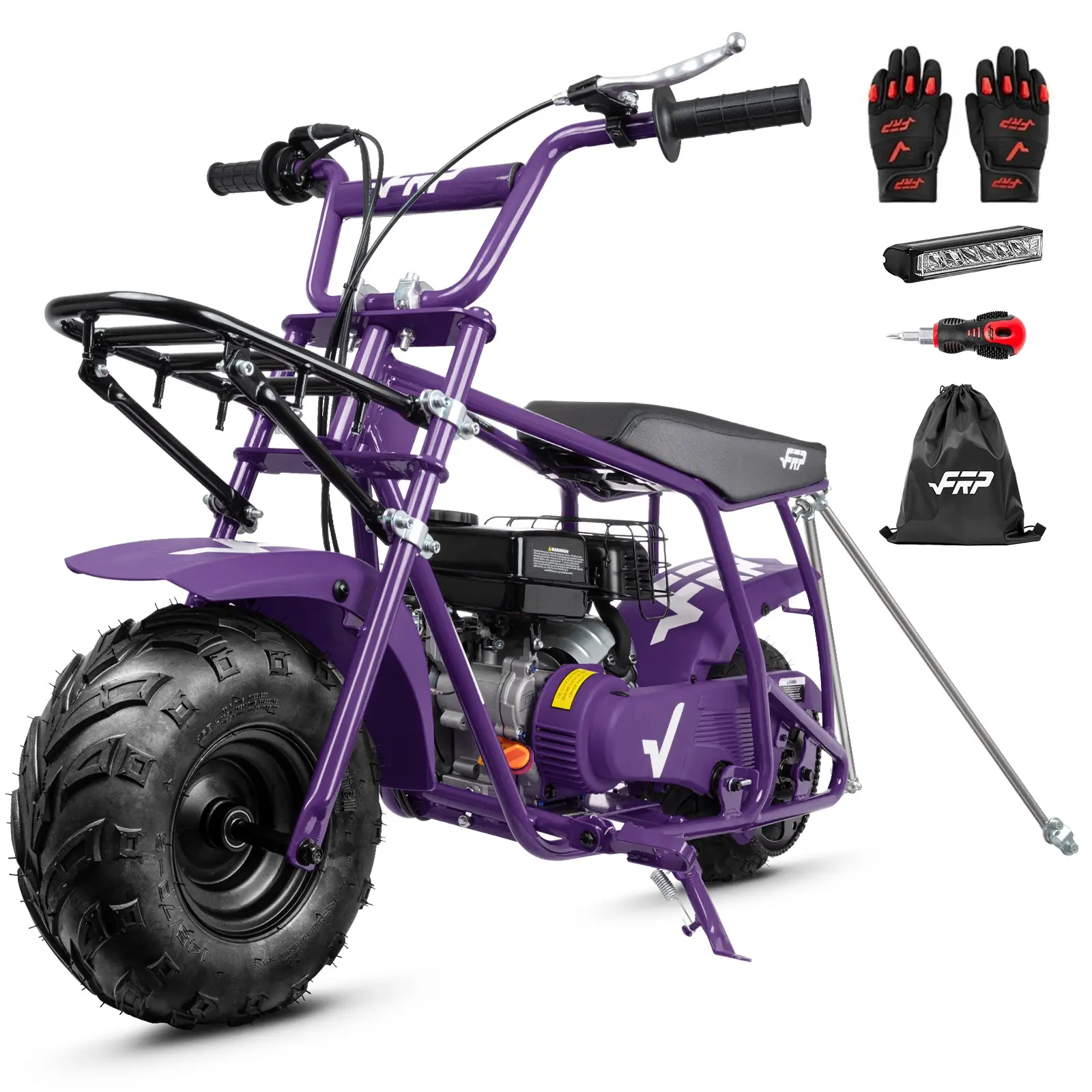 FRP 99cc 4-Stroke Gas Mini Bike with Front & Rear Cargo Racks, Pull Start Mini Dirt Bike for Ages 13+, Rear Disc Brake, Up to 28 MPH, 220 lb Capacity, Utility Hauler Style – Purple