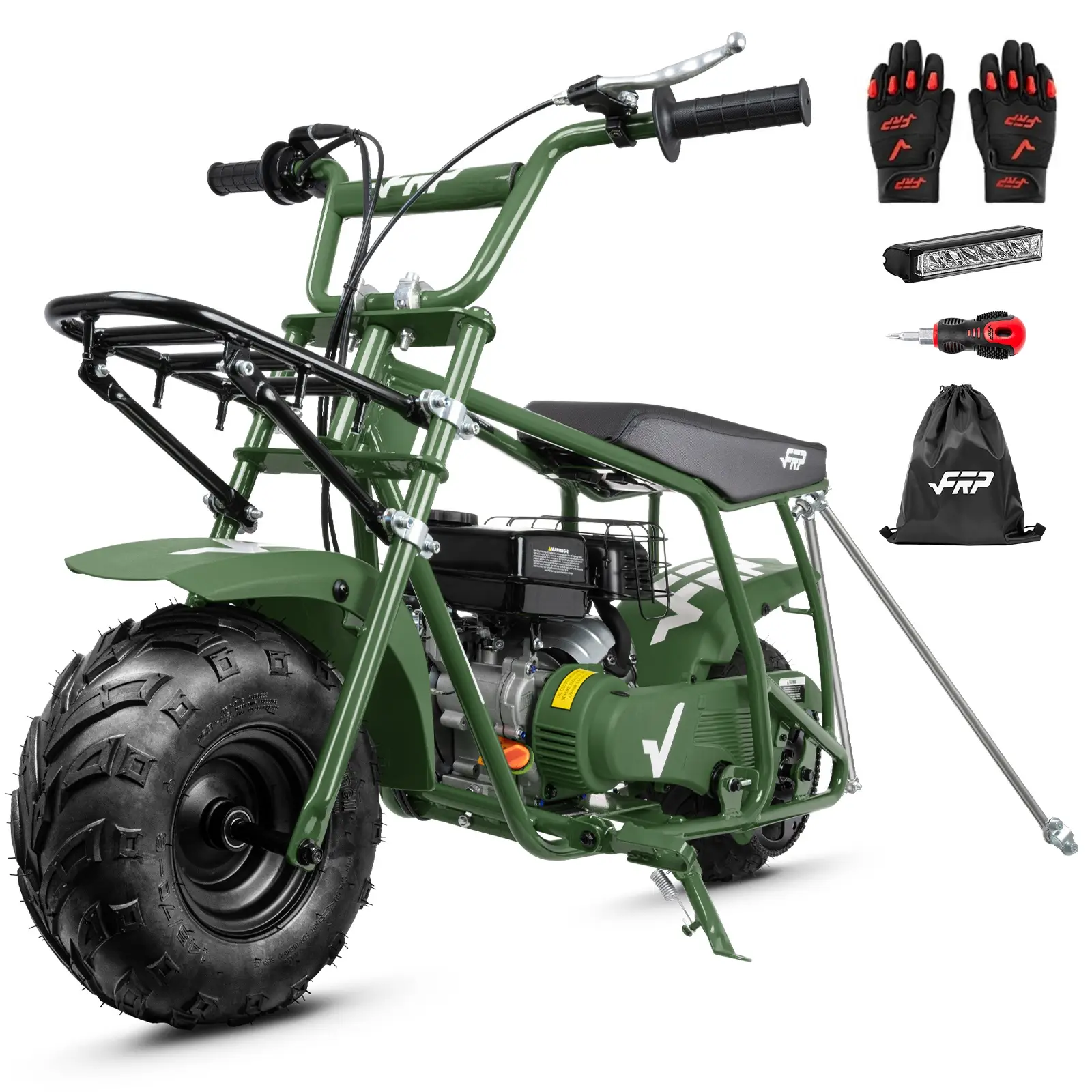 FRP 99cc 4-Stroke Gas Mini Bike with Front & Rear Cargo Racks, Pull Start Mini Dirt Bike for Ages 13+, Rear Disc Brake, Up to 28 MPH, 220 lb Capacity, Utility Hauler Style – Green