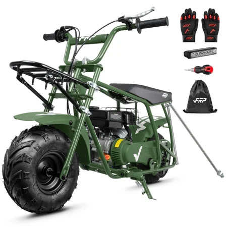 FRP 99cc 4-Stroke Gas Mini Bike with Front & Rear Cargo Racks, Pull Start Mini Dirt Bike for Ages 13+, Rear Disc Brake, Up to 28 MPH, 220 lb Capacity, Utility Hauler Style – Green