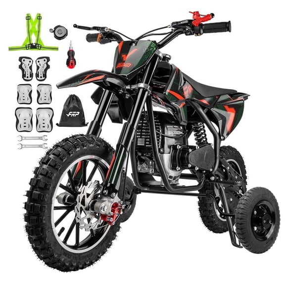 FRP FX40 40cc 4-Stroke Gas Powered Dirt Bike with Training Wheels, Safety Kill Switch, Max Speed 18 MPH, Front & Rear Disc Brakes, Stability Enhancement, EPA Certified - Black