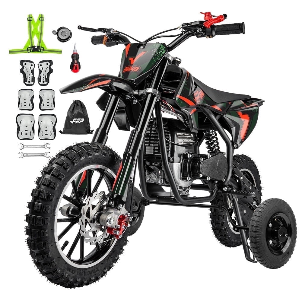 FRP FX40 40cc 4-Stroke Gas Powered Dirt Bike with Training Wheels, Safety Kill Switch, Max Speed 20 MPH, Front & Rear Disc Brakes, Stability Enhancement, EPA Certified - Black