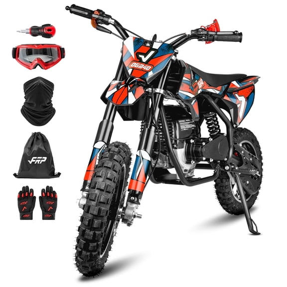FRP FX40 Kids Dirt Bike, 40cc 4-Stroke Gas Powered Dirt Bike for Kids, Pull Start, Dual Disc Brakes, EPA Certified, 20MPH, Includes Goggles & Gloves - Red