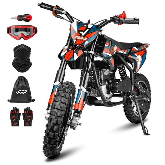 FRP FX40 Kids Dirt Bike, 40cc 4-Stroke Gas Powered Dirt Bike for Kids, Pull Start, Dual Disc Brakes, EPA Certified, 20MPH, Includes Goggles & Gloves - Red