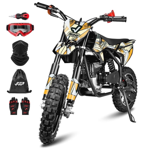 FRP FX40 Kids Dirt Bike, 40cc 4-Stroke Gas Powered Dirt Bike for Kids, Pull Start, Dual Disc Brakes, EPA Certified, 20MPH, Includes Goggles & Gloves - Yellow