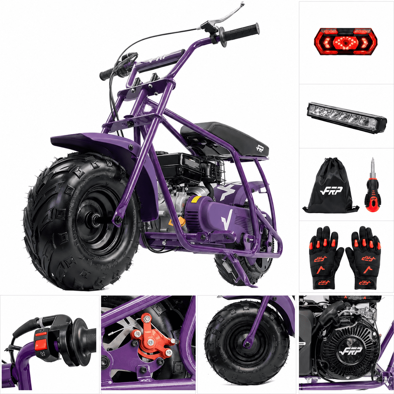 FRP Mini Dirt Bike GMB100 Max, 99CC Gas Powered Mini Bike 4-Stroke,Mini Bikes for Kids/Adult, W/LED Headlight, Goggles, Gloves and Neck Gaiter,Up to 28 Mph, Weight Support Up to 220 LBS (PURPLE)