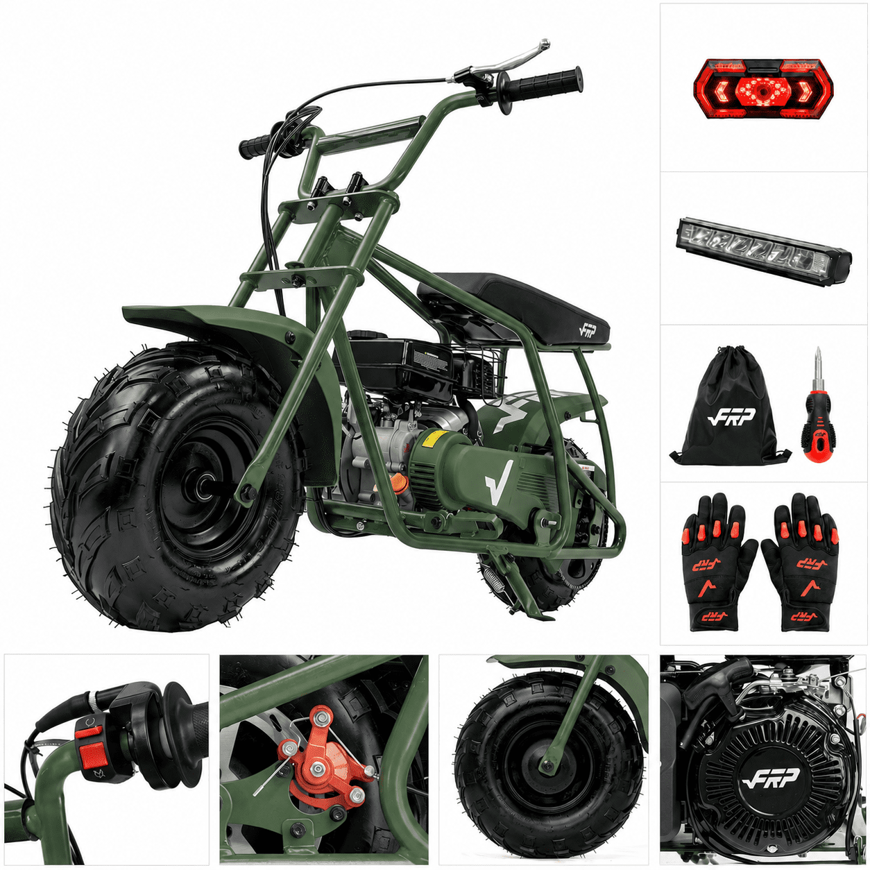 FRP Mini Dirt Bike GMB100 Max, 99CC Gas Powered Mini Bike 4-Stroke,Mini Bikes for Kids/Adult, W/LED Headlight, Goggles, Gloves and Neck Gaiter,Up to 28 Mph, Weight Support Up to 220 LBS (GREEN)