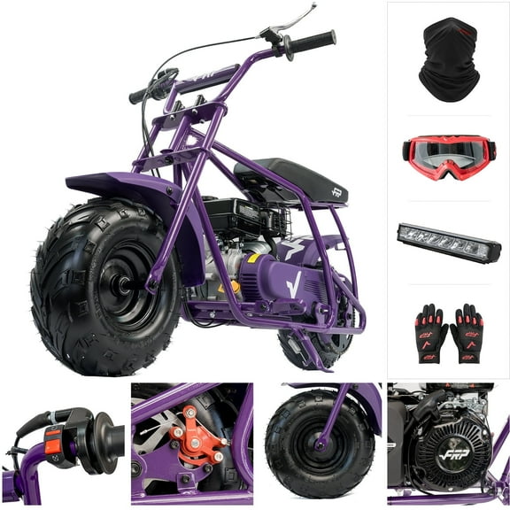 FRP Mini Dirt Bike GMB100 Max, 99CC Gas Powered Mini Bike 4-Stroke,Mini Bikes for Kids/Adult, W/LED Headlight, Goggles, Gloves and Neck Gaiter,Up to 28 Mph, Weight Support Up to 220 LBS (PURPLE)