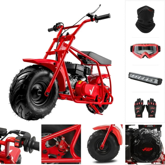 FRP Mini Dirt Bike GMB100 Max, 99CC Gas Powered Mini Bike 4-Stroke,Mini Bikes for Kids/Adult, W/LED Headlight, Goggles, Gloves and Neck Gaiter,Up to 28 Mph, Weight Support Up to 220 LBS (RED)