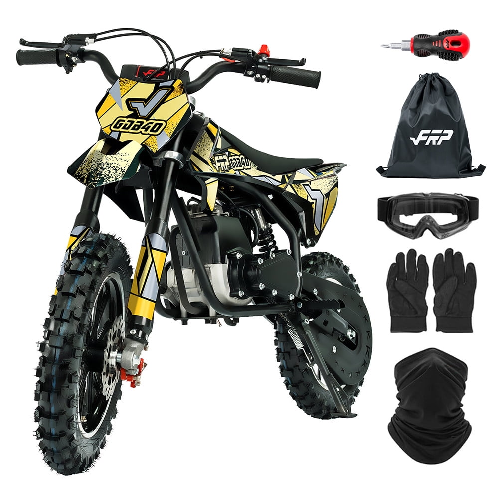 Walmart daily deals:  FRP Ogemaw 40cc 4-Stroke Gas Powered Kids Dirt Bike with Safety Kill Switch for young rides, Front & Rear Disc Brakes, EPA Certified - Yellow, Max Model
