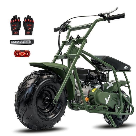 FRP GMB100 Plus Mini Dirt Bike Complete Starter Bundle, 99CC Gas Mini Bike for Teens & Adults, 28 MPH Off-Road, Includes Gloves, Neck Gaiter, Headlight & Goggles – Green