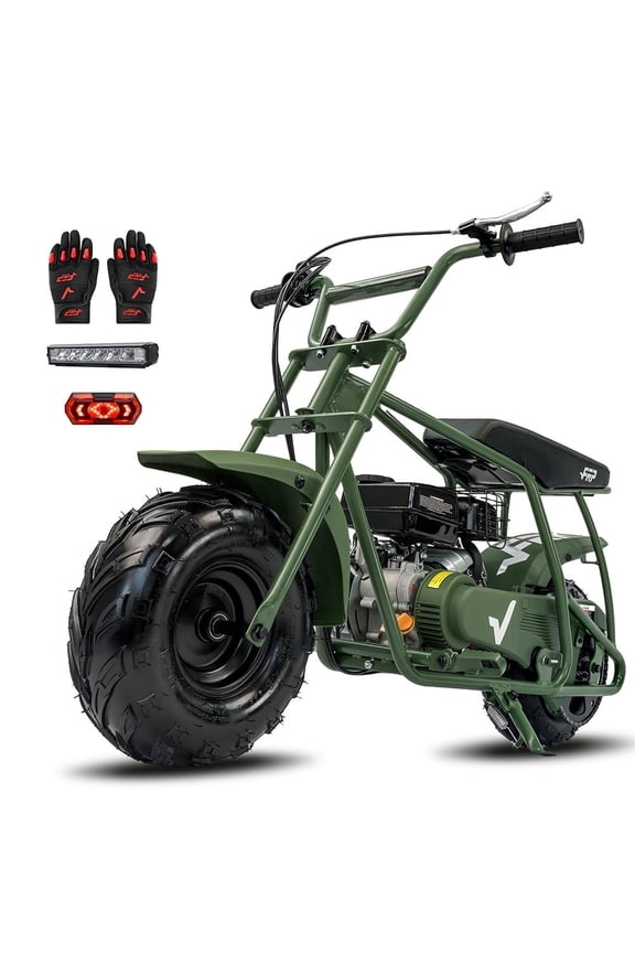 GMB100 Plus Mini Dirt Bike Complete Starter Bundle, 99CC Gas Mini Bike for Teens & Adults, 28 MPH Off-Road, Includes Gloves, Neck Gaiter, Headlight & Goggles – Green