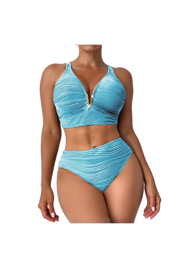 2 Piece Bikini Set V Wire Cutout Popular Swimsuit High Waisted Textured Summer Beach Swim Bathing Suits Blue