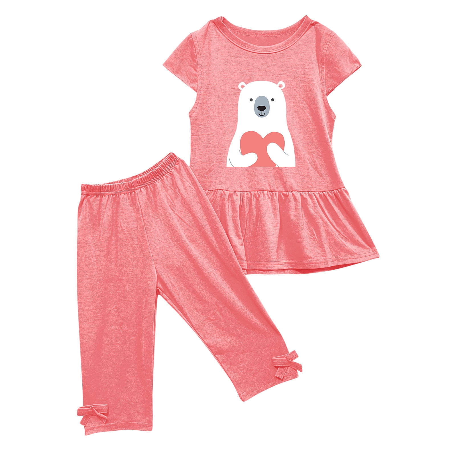 Cute Pink O Neck Print Cotton Girls Two Pieces Set Summer YU1054 main image 1