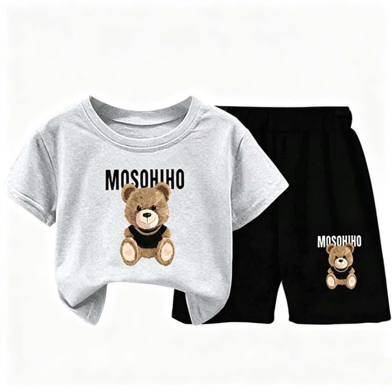 FRSASU 2 Piece Kids Cotton Cute Graphic Short Sleeve Outfit Set Breathable T-Shirt and Shorts Set for Daily Wear Gray