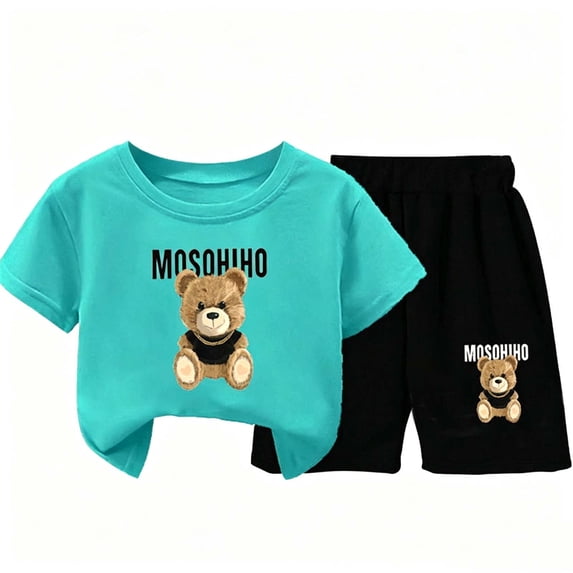 FRSASU 2 Piece Kids Cotton Cute Graphic Short Sleeve Outfit Set Breathable T-Shirt and Shorts Set for Daily Wear Sky Blue