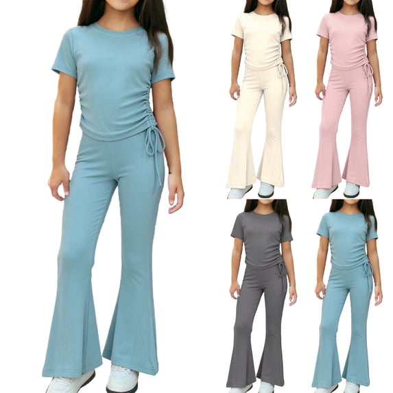 FRSASU 2 Piece Lounge Sets for Girls Side Ruched Short Sleeve Top & Wide Leg Pants Casual Matching Tracksuit for Home Travel Pink-A