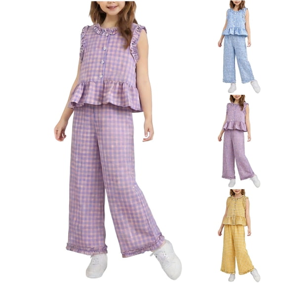 FRSASU 2 Piece Outfits for Girls Summer Ruffle Sleeve Tank Top Wide Leg Gingham Pants Toddler Girl Spring Cute Matching Sets Yellow