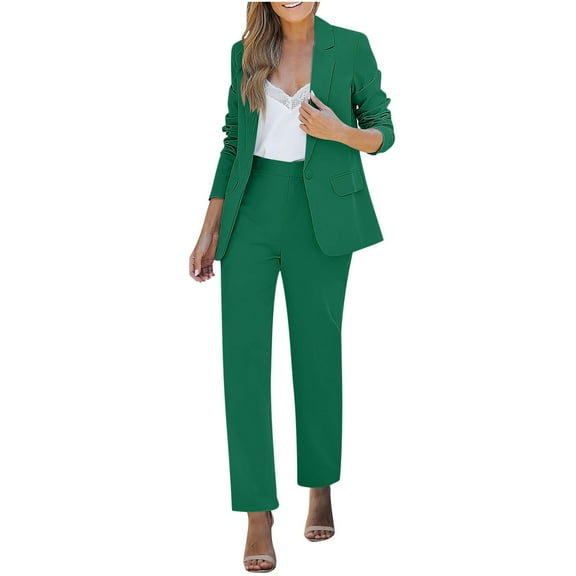 FRSASU 2 Piece Outfits for Women Dressy Blazer Jackets High Waisted Straight Leg Pants Suits Set Business Casual with Pocket Green M(M)