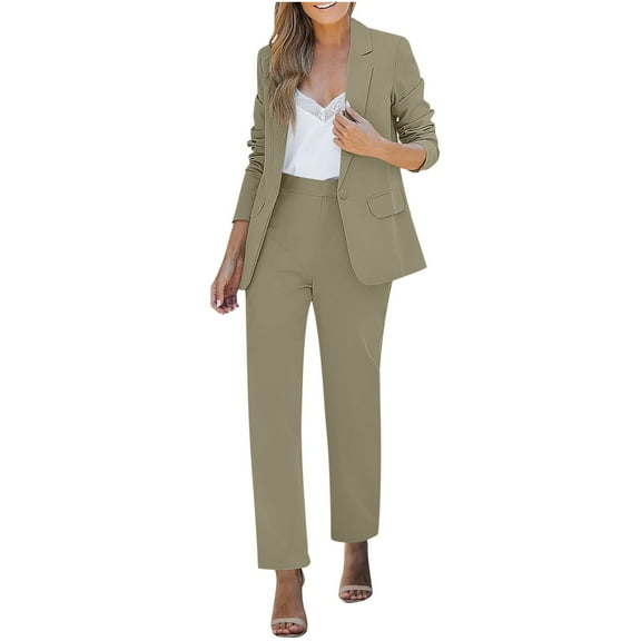 FRSASU 2 Piece Outfits for Women Dressy Blazer Jackets High Waisted Straight Leg Pants Suits Set Business Casual with Pocket Khaki XL(XL)