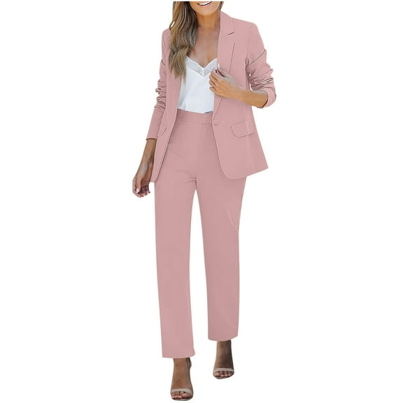 FRSASU 2 Piece Outfits for Women Dressy Blazer Jackets High Waisted Straight Leg Pants Suits Set Business Casual with Pocket Pink XL(XL)