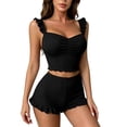 thumbnail image 1 of FRSASU 2 Piece Pajama Set for Women Ruffle Strap Ruched Sleeveless Ribbed Knit Cami Top and Ruffle Shorts Summer Loungewear Black-A, 1 of 6