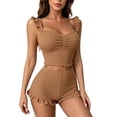 thumbnail image 1 of FRSASU 2 Piece Pajama Set for Women Ruffle Strap Ruched Sleeveless Ribbed Knit Cami Top and Ruffle Shorts Summer Loungewear Khaki-A, 1 of 6