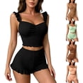 thumbnail image 1 of FRSASU 2 Piece Pajama Set for Women Ruffle Strap Ruched Sleeveless Ribbed Knit Cami Top and Ruffle Shorts Summer Loungewear Pink-A, 1 of 6