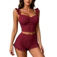thumbnail image 1 of FRSASU 2 Piece Pajama Set for Women Ruffle Strap Ruched Sleeveless Ribbed Knit Cami Top and Ruffle Shorts Summer Loungewear Wine, 1 of 6