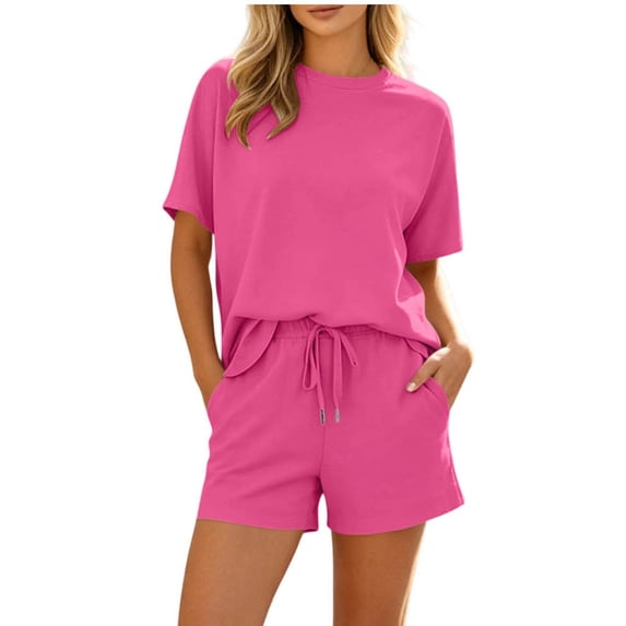 FRSASU 2 Piece Pajamas Set for Women Short Sleeve Shirt with Shorts Sleepwear Set Comfy Loungewear Pj Sets Hot Pink