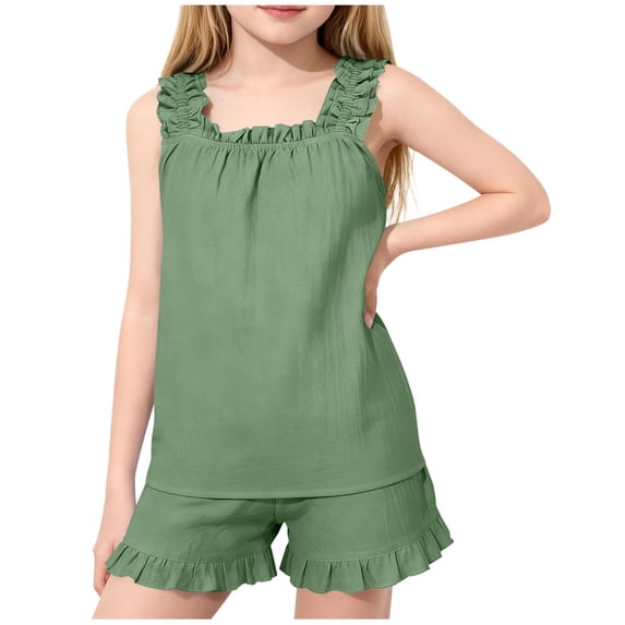 FRSASU 2 Piece Sets for Girls Summer Ruffle Square Neck Tank Tops with Cute Shorts Teen Girl Outfits Set Green