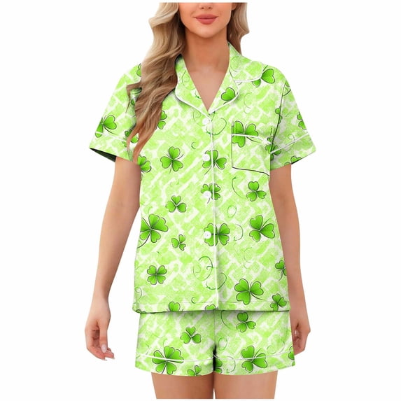 FRSASU 2 Piece Short Sets for Women Printed Short Sleeve Button Down Shirt and Shorts St. Patrick's Pajama Set Set Green-I