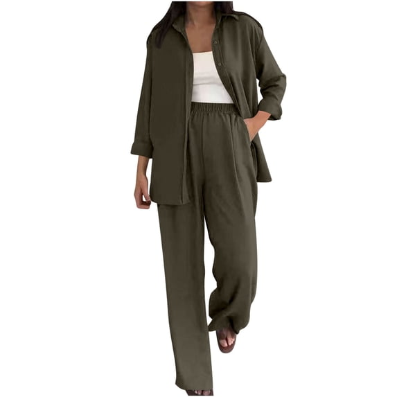 FRSASU 2 Piece Summer/Fall Outfits for Women Casual Sets Long Sleeve V Neck Button Down Shirts and Wide Leg Pants Sets Tracksuit Army Green XXXXXL(XXXXXL)