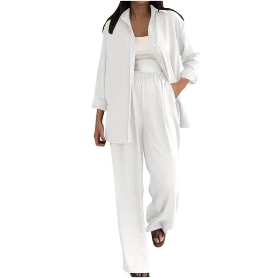 FRSASU 2 Piece Summer/Fall Outfits for Women Casual Sets Long Sleeve V Neck Button Down Shirts and Wide Leg Pants Sets Tracksuit White XXXL(XXXL)