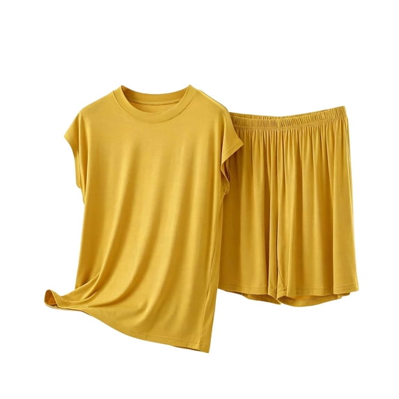 FRSASU 2 Piece Women's Plus Size Crew Neck T-Shirt Shorts Pajama Sets Short Sleeve Pjs Set Lightweight Lounge Sleepwear Gold