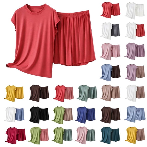 FRSASU 2 Piece Women's Plus Size Crew Neck T-Shirt Shorts Pajama Sets Short Sleeve Pjs Set Lightweight Lounge Sleepwear Yellow