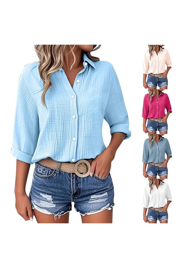 3/4 Length Sleeve Roll Up Gauze Shirts for Women Trendy Collared Button Down Solid Color Casual Loose Fit Blouses White-A
