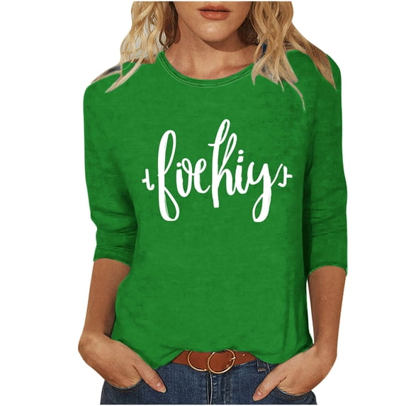 FRSASU 3/4 Length Sleeve Womens Tops Casual Letter Printed Loose Fit Crewneck T Shirts Cute Solid Color Tunic Tops Green