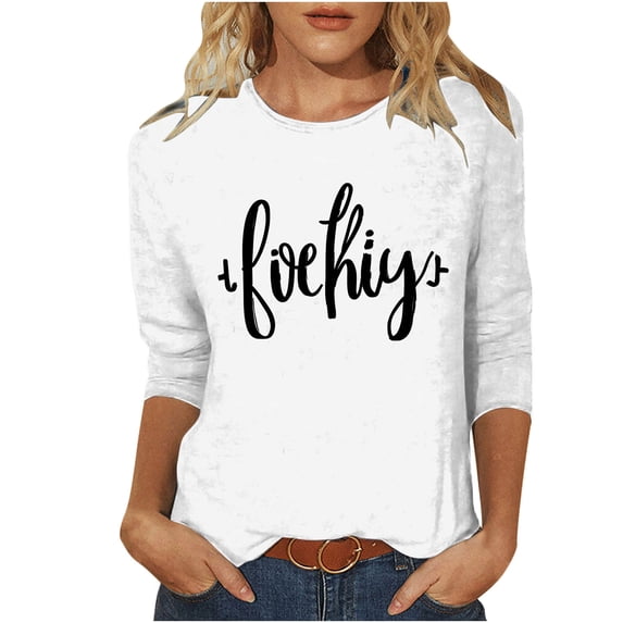 FRSASU 3/4 Length Sleeve Womens Tops Casual Letter Printed Loose Fit Crewneck T Shirts Cute Solid Color Tunic Tops White