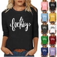 thumbnail image 1 of FRSASU 3/4 Length Sleeve Womens Tops Casual Letter Printed Loose Fit Crewneck T Shirts Cute Solid Color Tunic Tops Yellow, 1 of 5