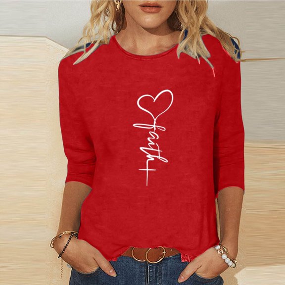 FRSASU 3/4 Length Sleeve Womens Tops Casual Loose Fit Crewneck T Shirts Cute Solid Three Quarter Length Tunic Tops Red