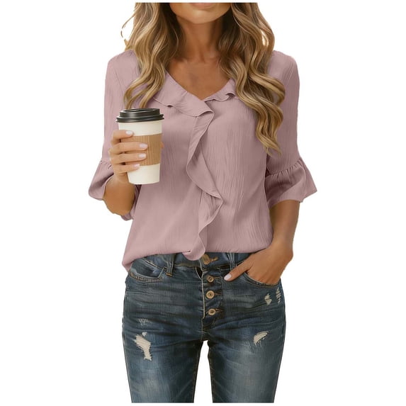 FRSASU 3/4 Length Sleeve Womens Tops Dressy V Neck Lace Shirts Trendy Business Solid Color Casual Work Blouses Vacation Pink