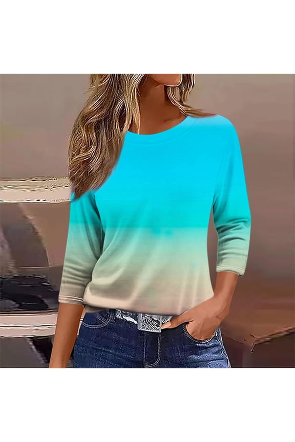 3/4 Length Sleeve Womens Tops Round Neck Loose Cute Fall Summer Tee Shirts Dressy Casual Gradient Color Blouses Tunic Sky Blue