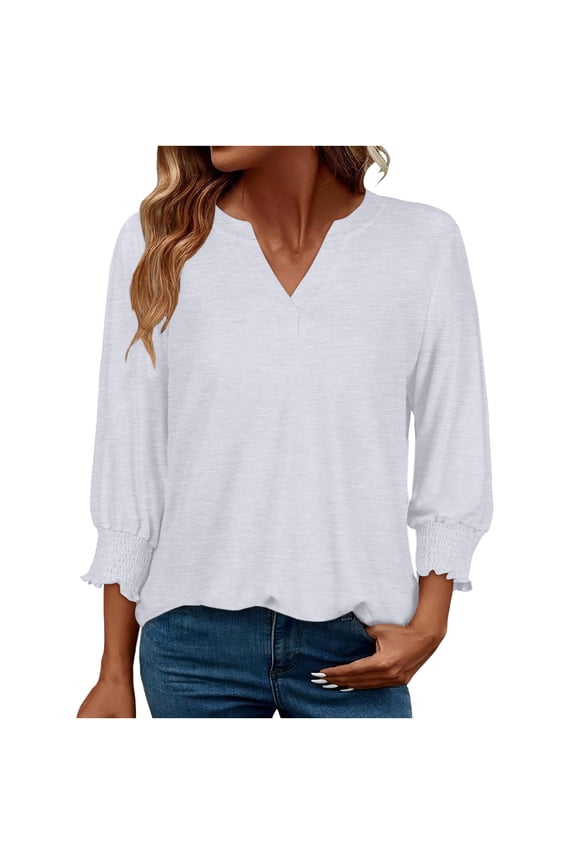3/4 Length Sleeve Womens Tops Summer Trendy Puff-Sleeve V-Neck Blouses Dressy Casual Smocked T-Shirt White