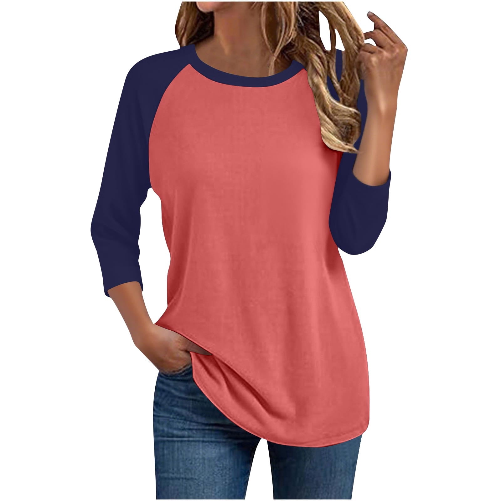 3/4 Sleeve Tops for Women Workout Jersey Baseball Style Raglan Tshirts Casual Color Block Tees Comfy Steetwear Orange