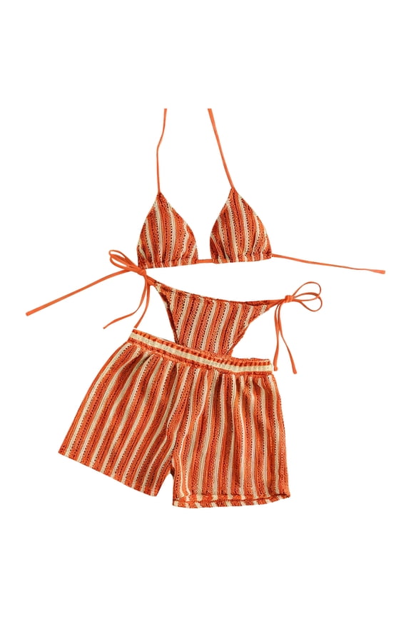 3 Piece Striped Color Block Beach Bikini Swimsuits for Women, String Triangle Bikini Bathing Suits with Shorts Orange